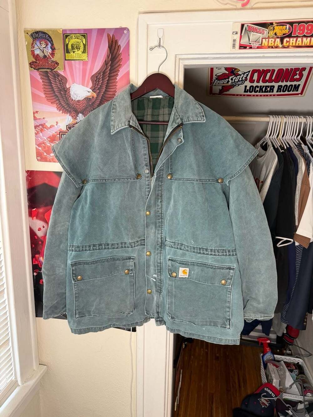 Vintage 80s Carhartt Chore Jacket Green Canvas Cape Duster Size XL